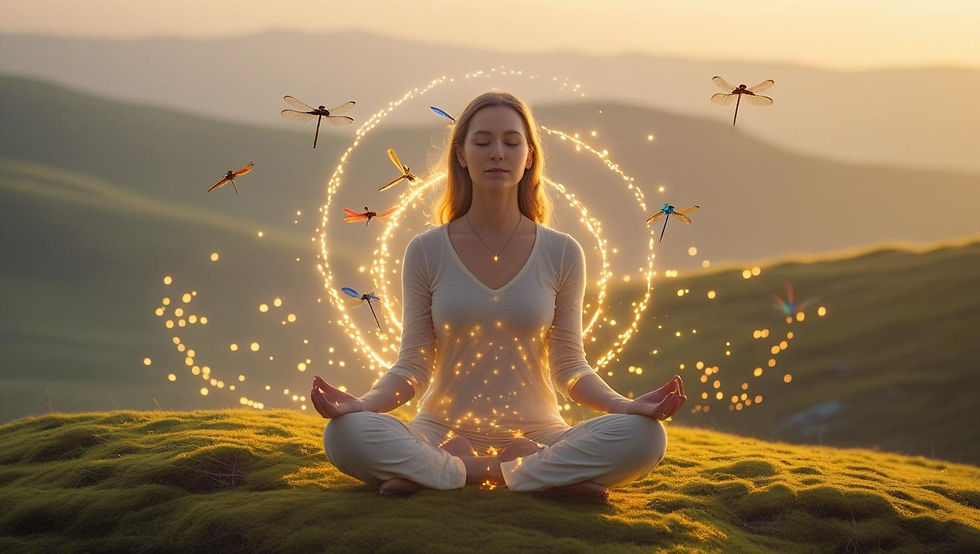 A woman sitting cross-legged on a mossy hilltop at sunrise, surrounded by dragonflies and soft light—symbolising inner peace and transformation.