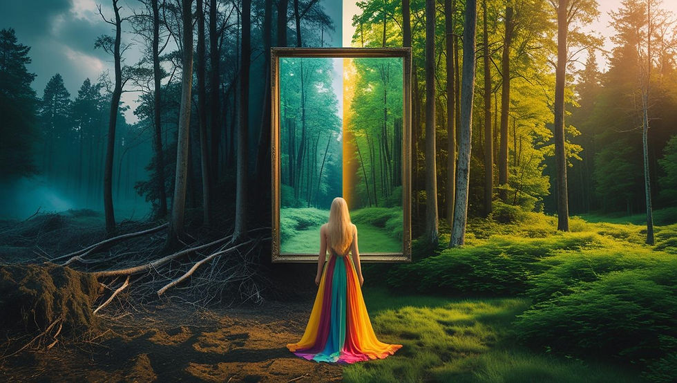 A woman in a rainbow dress stands before a mirror in the forest, with one side dark and barren and the other side bright and lush, symbolising the choice between fear and alignment.