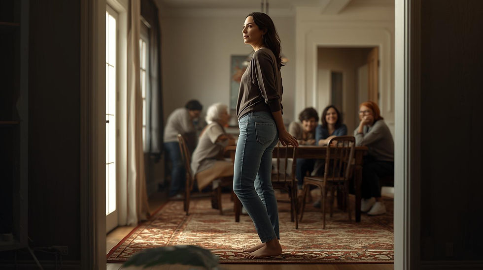 A woman stands barefoot in soft natural light near a dining room doorway, her posture relaxed yet rooted. Behind her, family members talk around a table. The image symbolises grounded presence and reclaiming space within familiar environments.