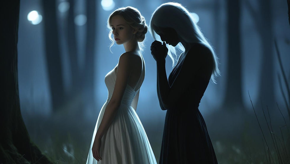 A woman standing still as a shadowy figure embraces her, symbolising the illusion of love and emotional entanglement.
