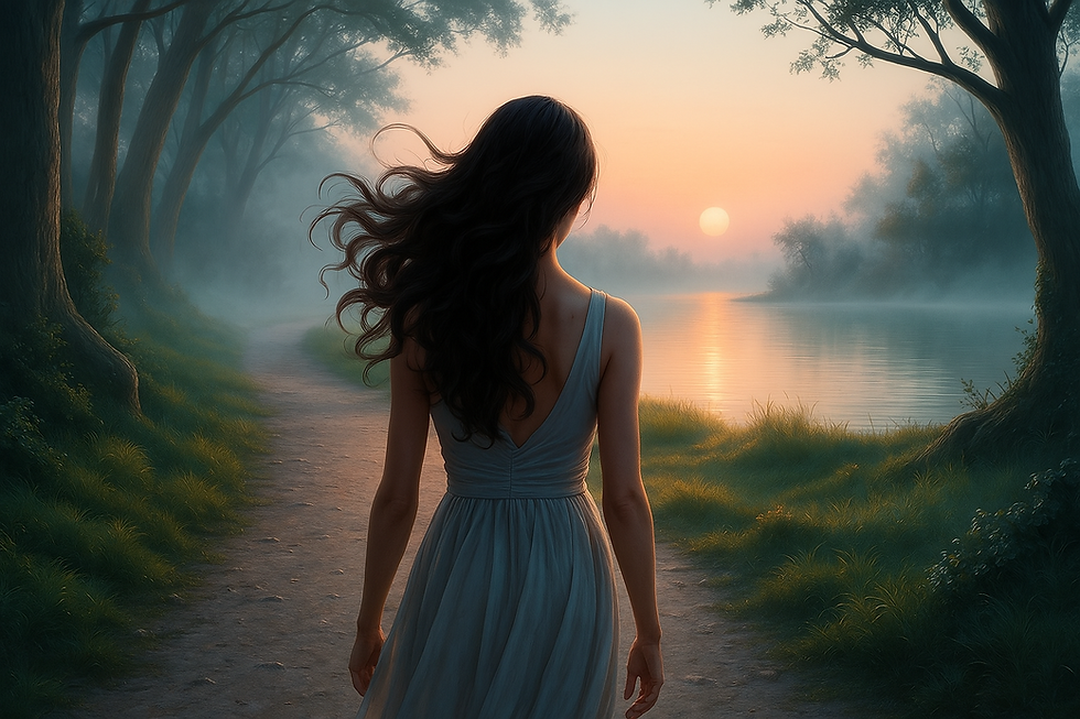 A woman walking away into the sunset with a forest on one side and a river on the other