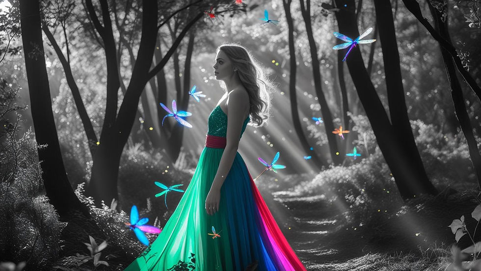 A woman in a flowing dress walks through a darkened forest, her expression uncertain, as dragonflies glow faintly around her in beams of light, symbolising confusion before rising again