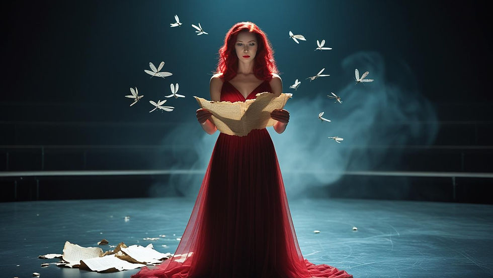 A woman in a flowing gown stands center stage under a spotlight, holding a crumbling script, surrounded by dragonflies—symbolising the breakdown of expectations.
