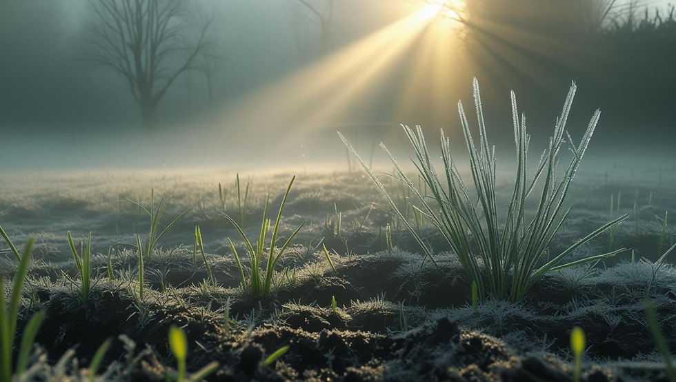 Frost-covered grass in a winter garden at sunrise, with golden light streaming through the mist, symbolising quiet growth beneath the surface.