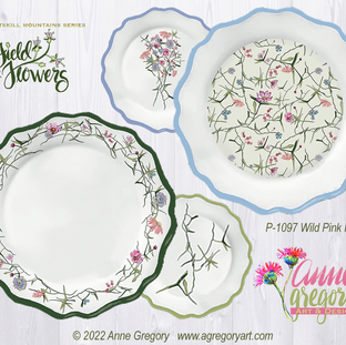 WildPinkPosies painterly design for fabric, wrapping paper, table top ©2022 Anne Gregory P-1097 