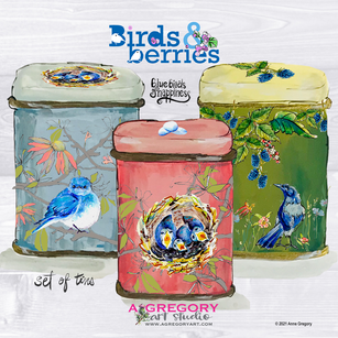 Birds & Berries Metal Tins design ©2022 Anne Gregory www.agregoryart.com  