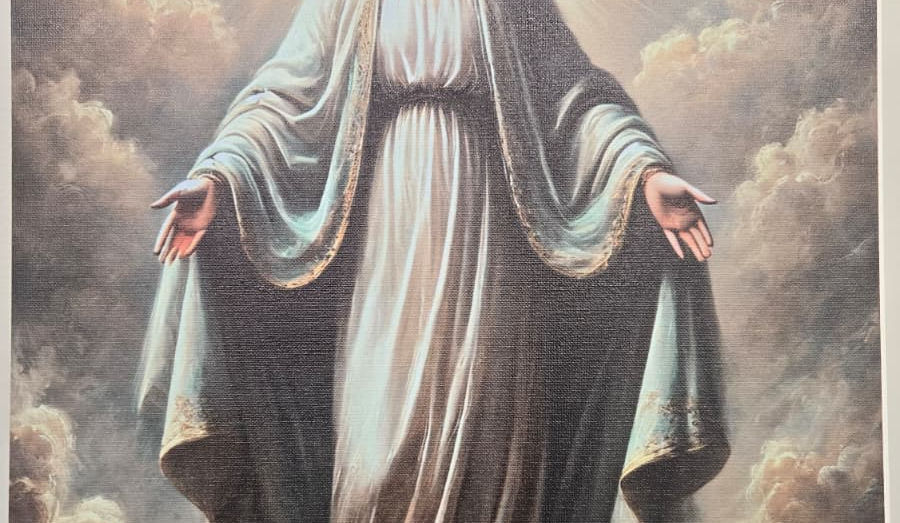 UV-printed canvas artwork of the Virgin Mary with radiant golden halo