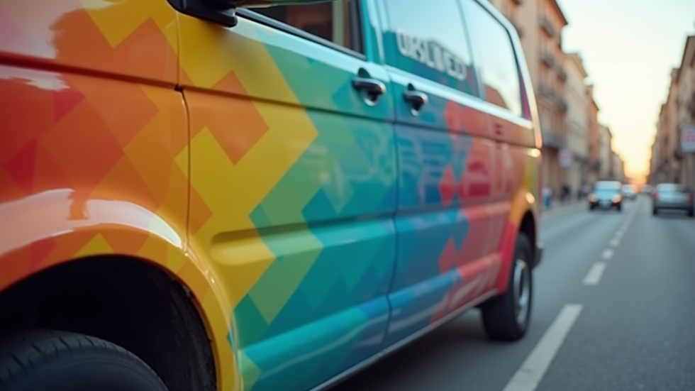 Close-up view of a vibrant vehicle wrap on a delivery van
