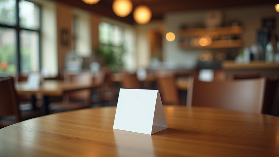Eye-level view of a branded table tent on a restaurant table