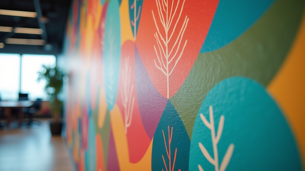 Close-up view of a vibrant wall mural inside a modern office space