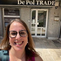 Azul standing in front of the De Pol Trade sign, Split, Croatia