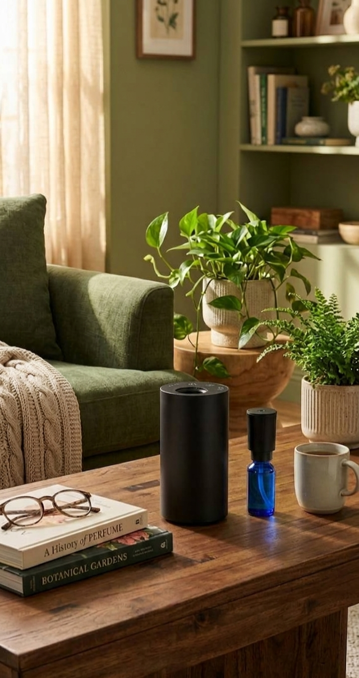Black waterless USB diffuser on coffee table