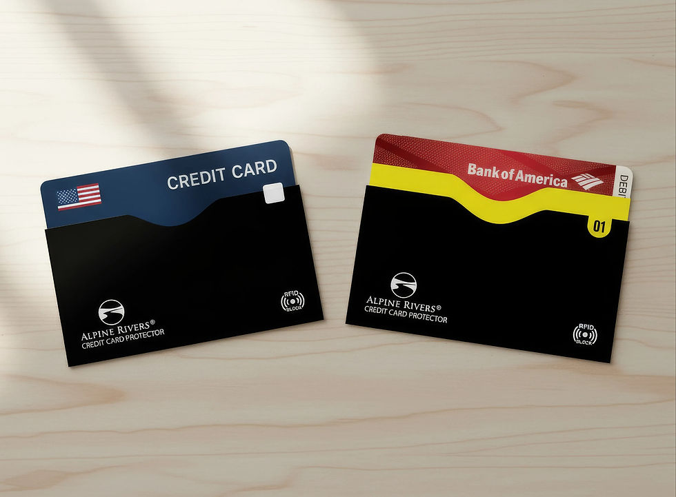 Close‑up of Alpine Rivers RFID‑blocking card sleeves holding two contactless cards on a table.