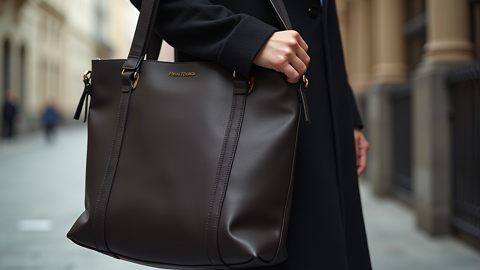 Eye-level view of a stylish anti-theft tote bag with hidden compartments