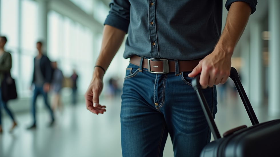 Eye-level view of a traveler wearing a discreet RFID travel security belt under clothing