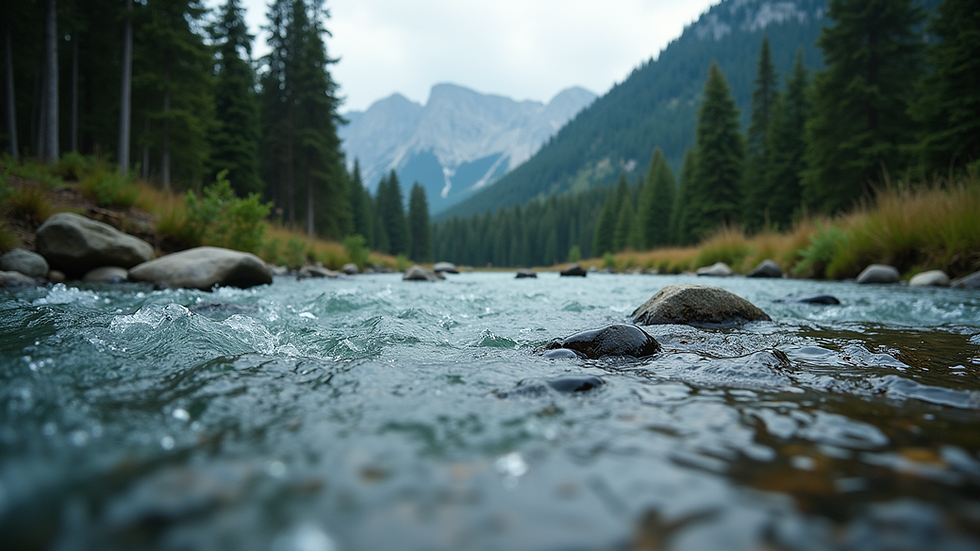 Eye-level view of a clear mountain river flowing through pine trees