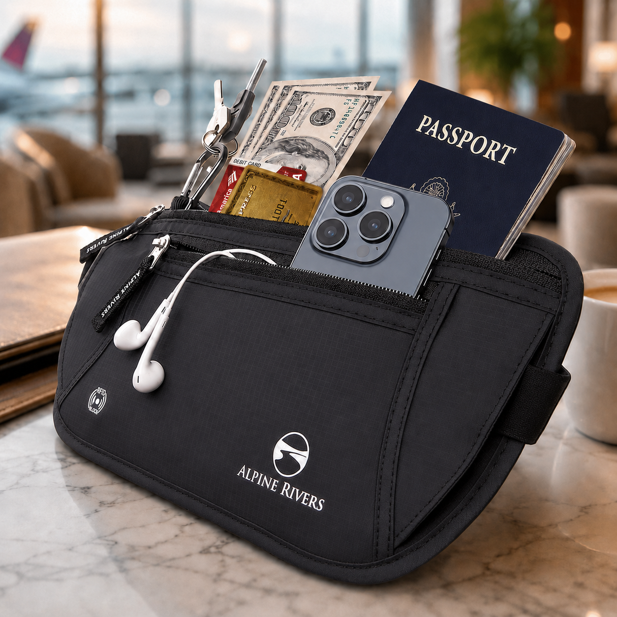 Alpine Rivers RFID blocking money belt in Onyx Black holding a US passport iPhone debit and credit cards keys earbuds and cash on a marble surface with airport lounge background showing Security Beyond Travel in real use.
