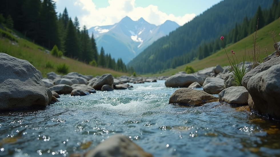 Eye-level view of a clear mountain river flowing through rocky terrain