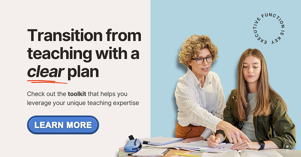 Woman teaching a student with books, looking engaged. Text: Transition from teaching with a clear plan. Button: Learn More. Light blue background.