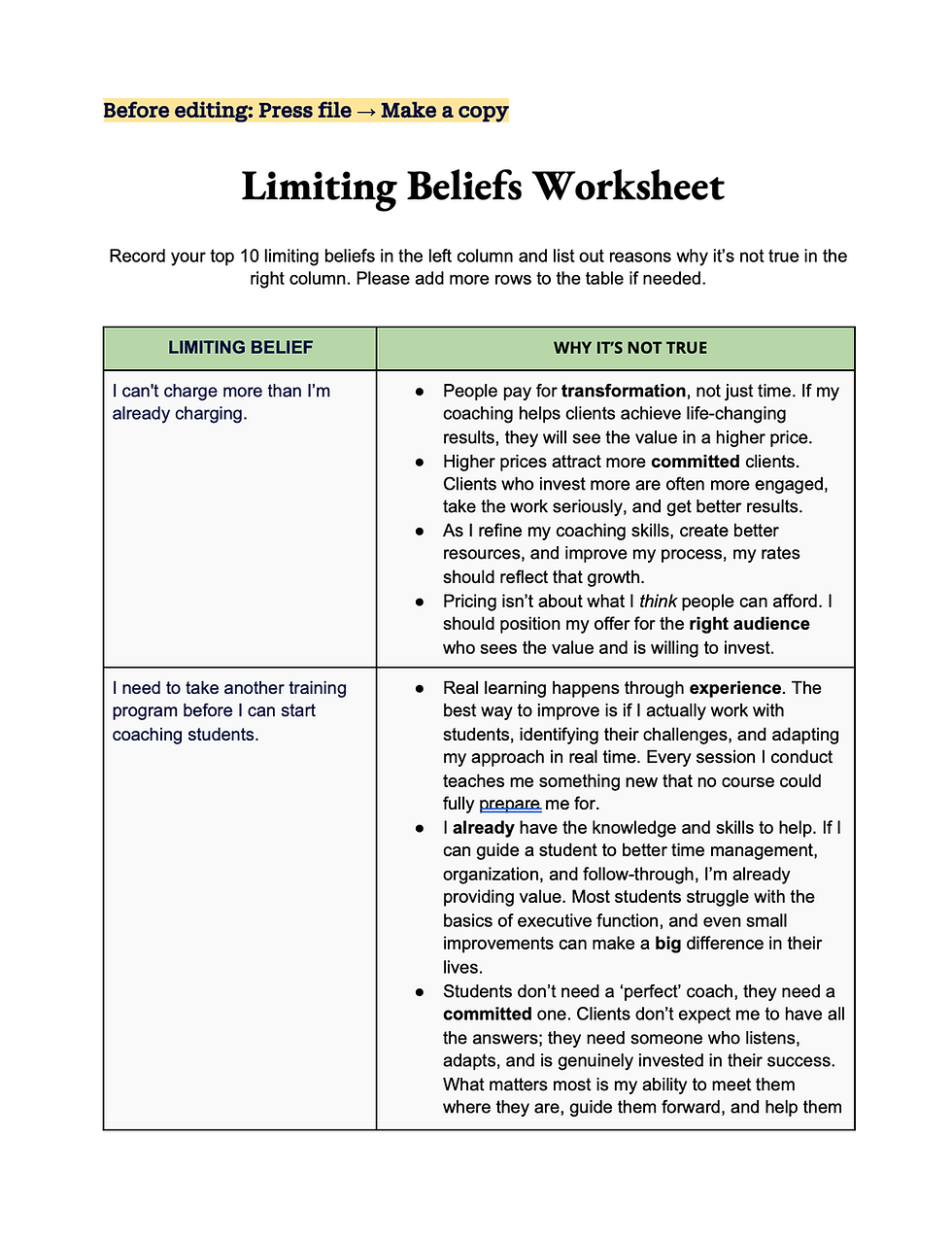Limiting Beliefs Worksheet with sections for beliefs and reasons they're untrue. Text advises recording and challenging beliefs. Simple layout.