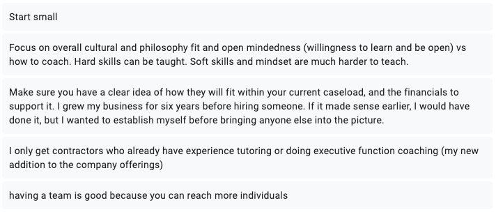Text on a white background includes advice on hiring and coaching, focusing on small beginnings, cultural fit, hard vs. soft skills, and teamwork.