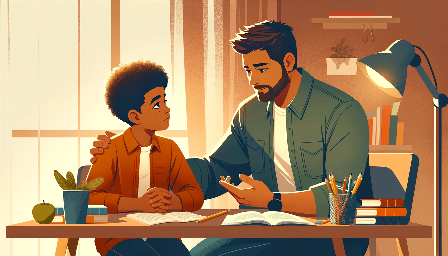 Engaging image showing a mixed-race parent and child with ADHD in a supportive study session, illustrating positive parental guidance and empathy in an educational context