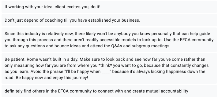Text image with motivational advice about business growth, using community support, patience, and finding happiness in the journey.