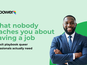 A man in a blue suit smiling on a green background with text that says "What nobody teaches you about leaving a job. he exit playbook queer professionals actually need."