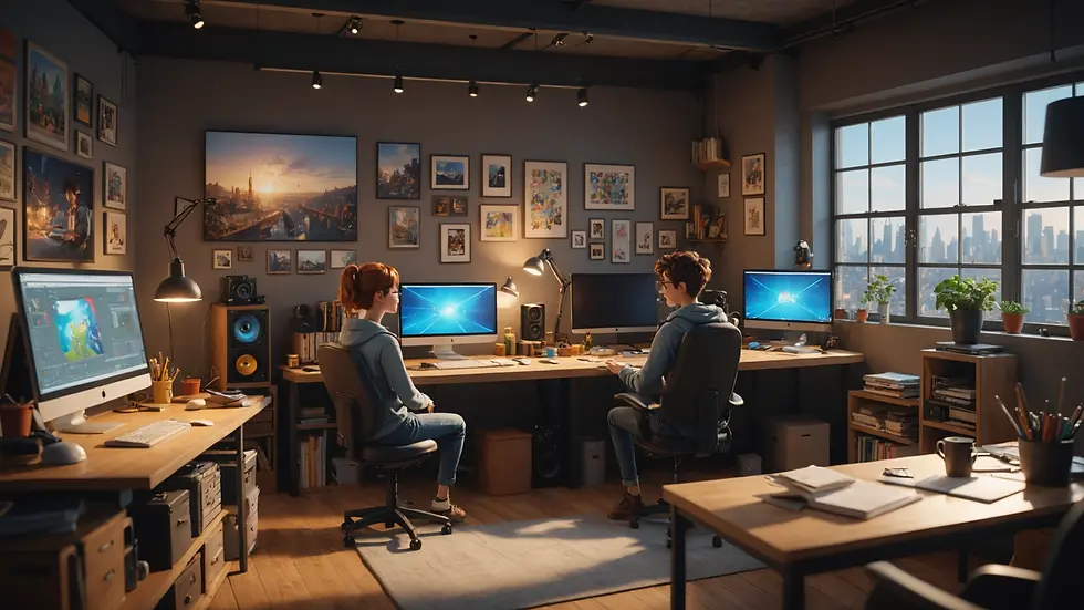 Eye-level view of animated characters in a creative studio