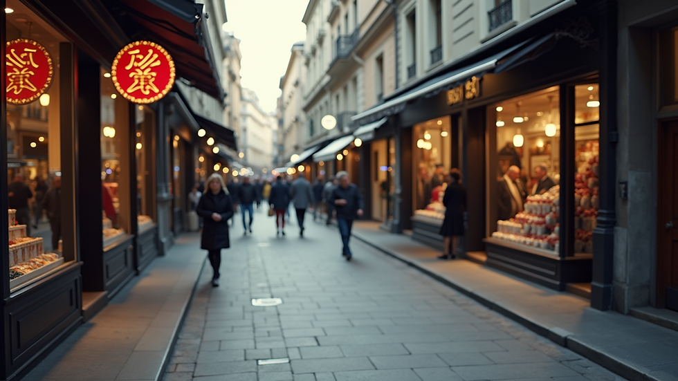 Wide angle view of a bustling city street filled with shops