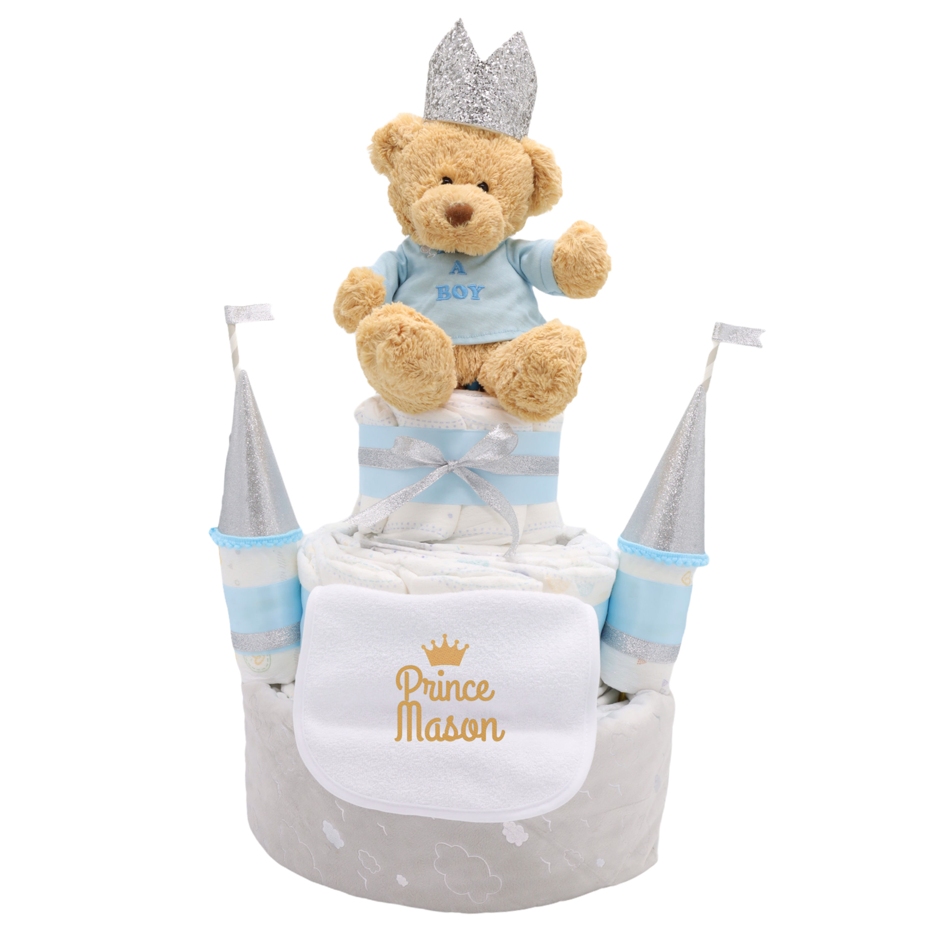 SD010 Baby Blue Teddy Bear Castle Diaper Cake