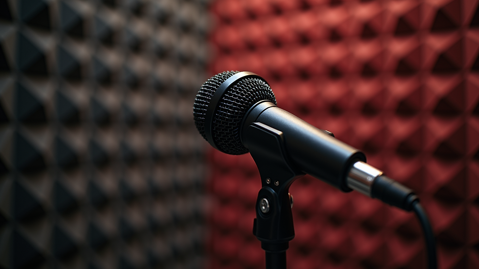 Close-up view of a microphone in a soundproof vocal booth