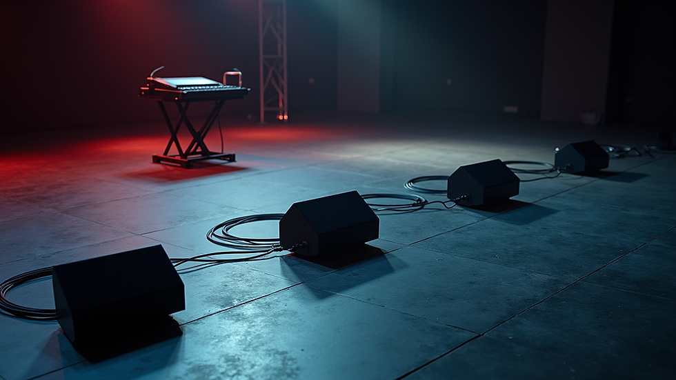 High angle view of speakers and cables arranged on a stage floor