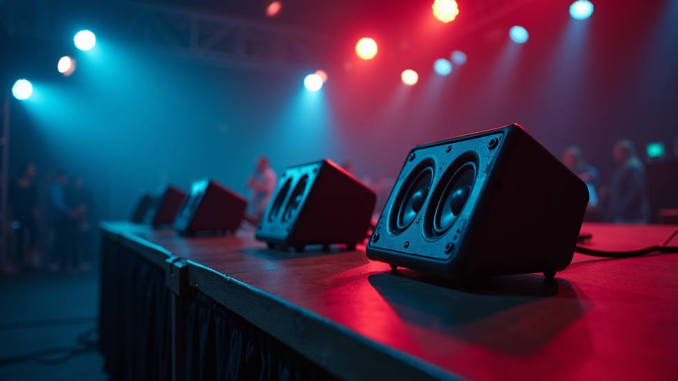 Eye-level view of professional audio speakers set up on stage