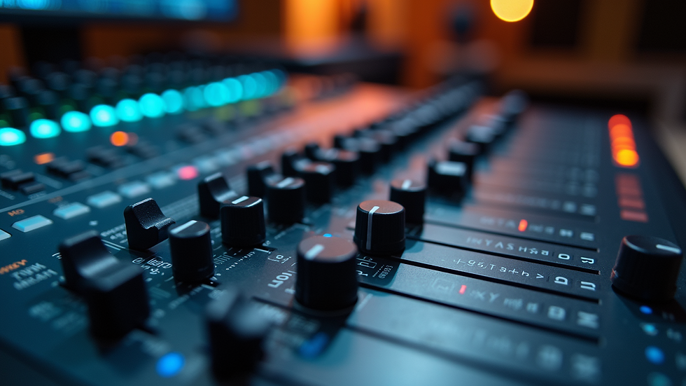 Eye-level view of professional audio mixer with knobs and sliders