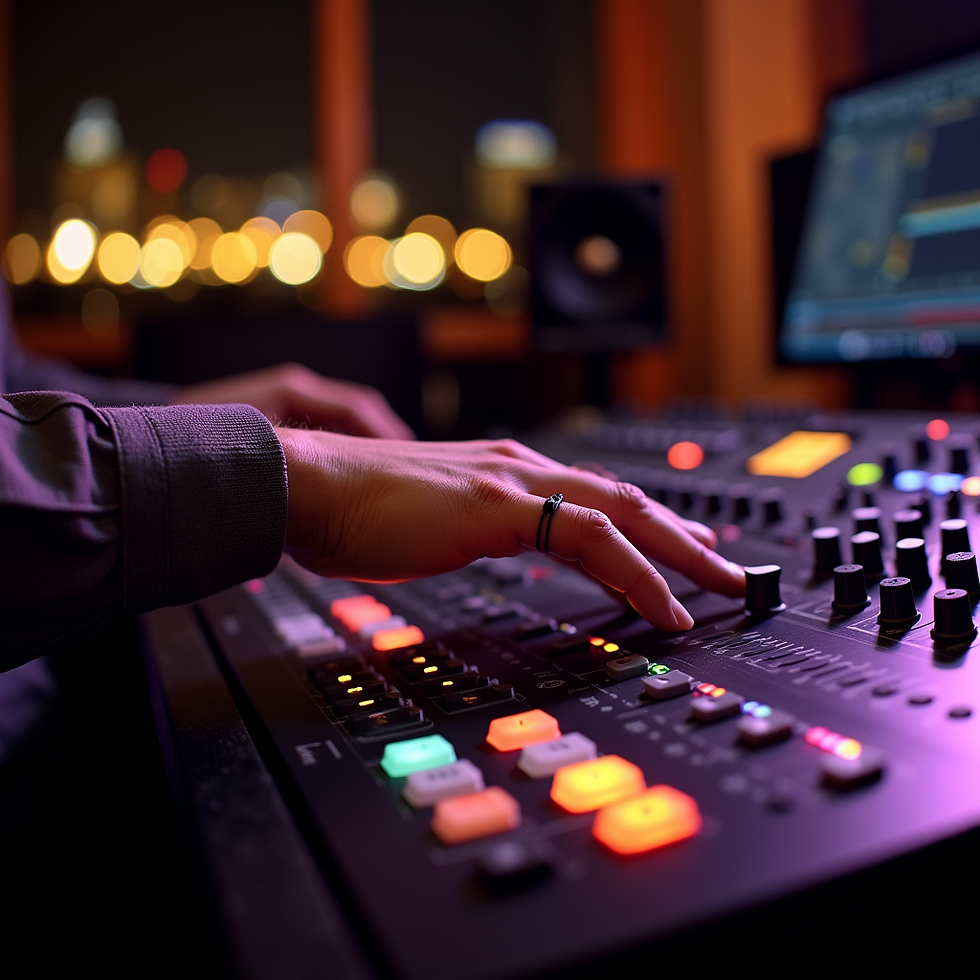 Eye-level view of a modern mixing console in a local recording studio