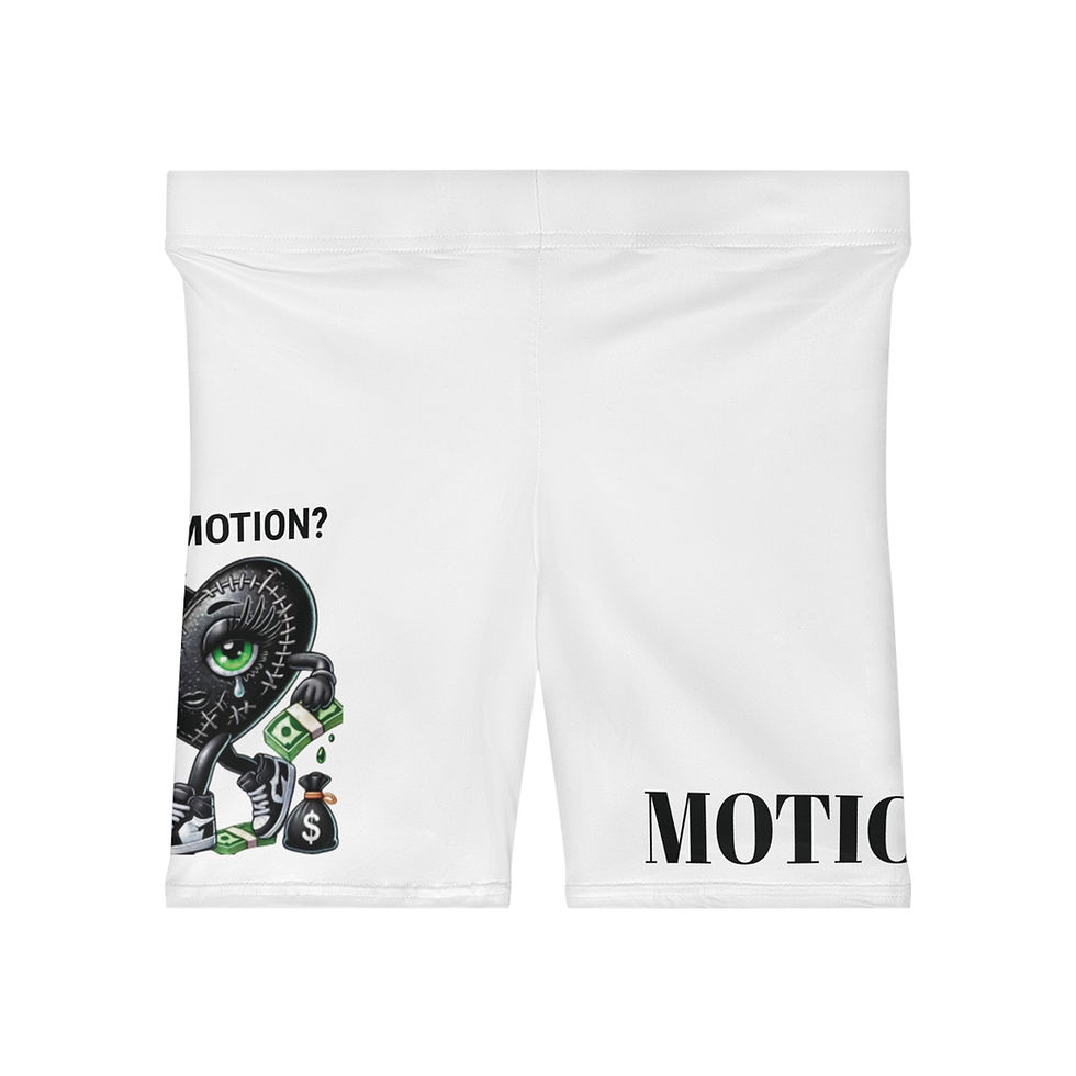 White biker shorts with a cartoon and 'MOTION?'