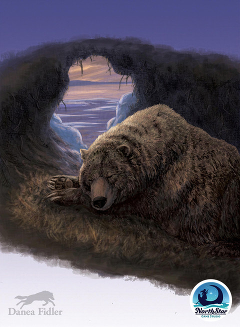 Scene is of a single barren-ground grizzly bear sleeping on a patch of dried grasses with head curled up on top of front legs inside a cave dug into the side of a hillside. The bear is framed by the dark of the inside of the game and the cave entrance is behind the bear. Outside the entrance, you can see some snow, ice, and water, under an arctic purple and orange sunset. 