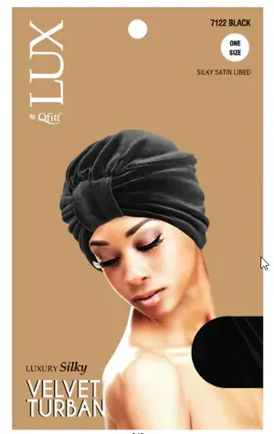 Thumbnail: Woman wearing black turban by Qlat, D'Paradise Beauty Supply, elegant headwear fashion.