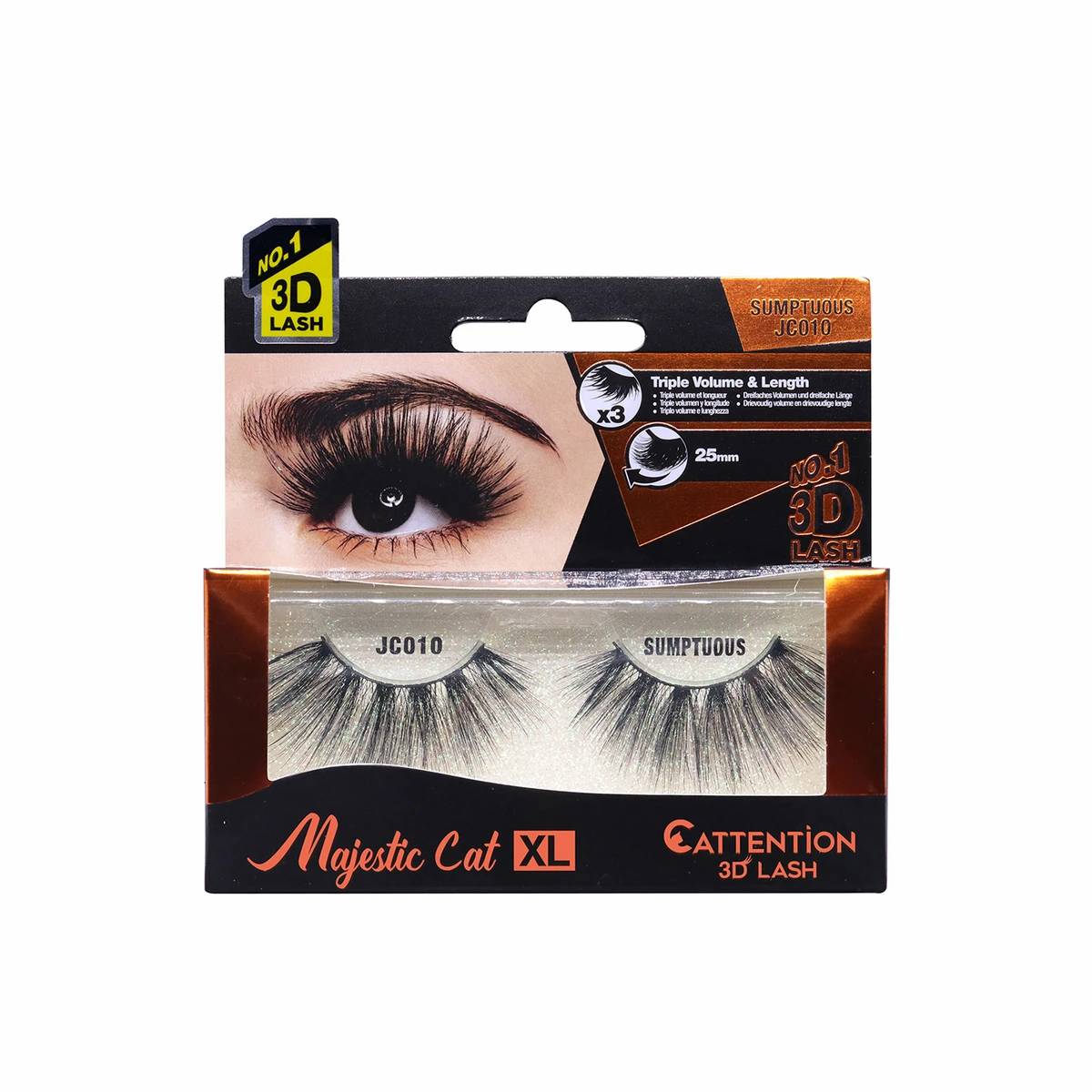 No.1 3D Lash and Majestic Cat XL lashes with ATTENTION 3D LASH logo.