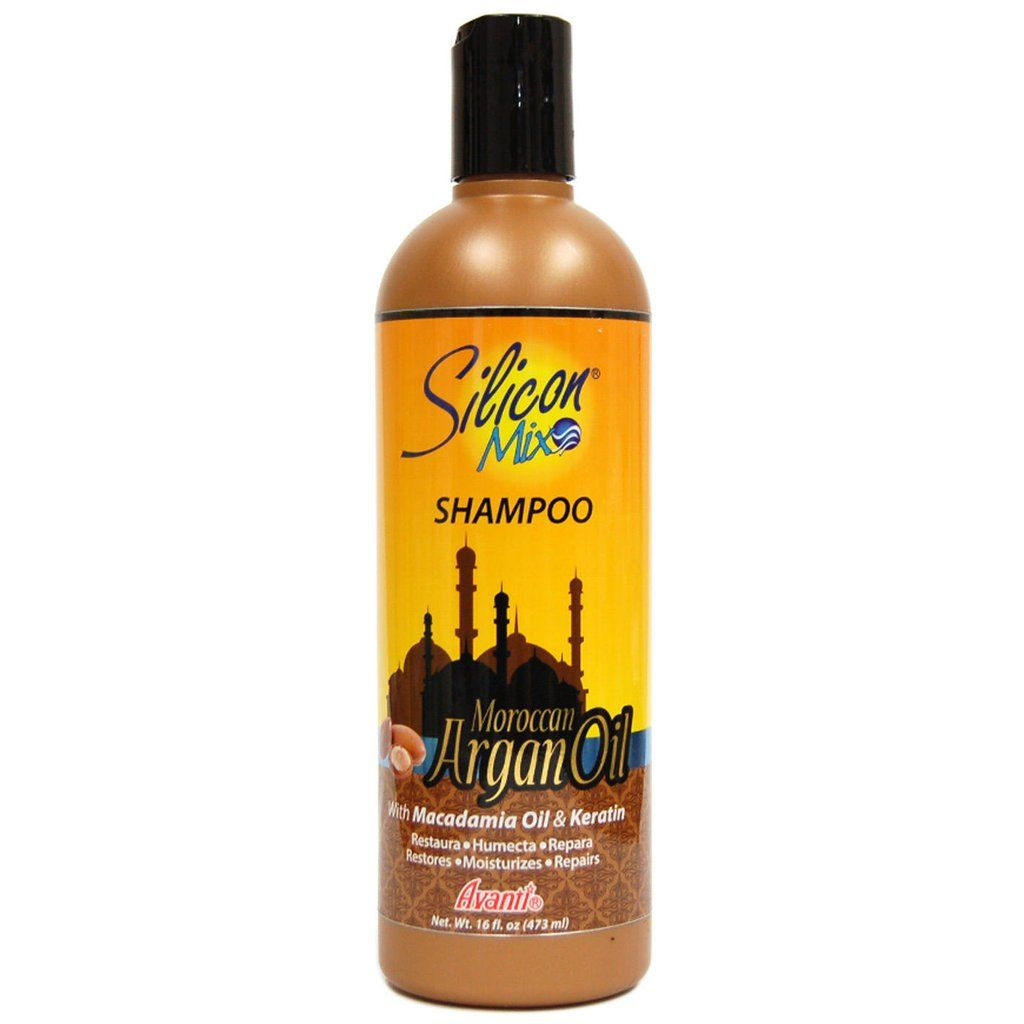 Silicon Mix Moroccan Argan Oil Shampoo bottle with brown and gold label.