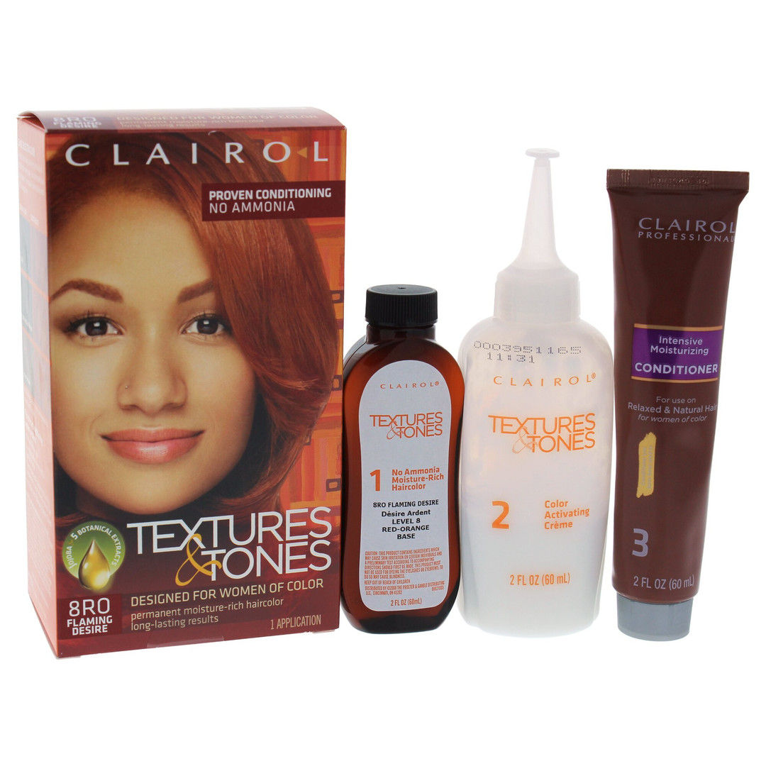 Clairol Textures & Tones hair color box and bottles with application instructions.