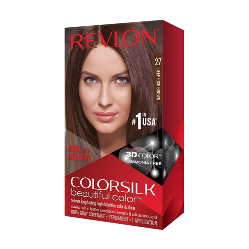الصورة المصغرة: Revlon Colorsilk hair color box with woman and shade of 27 Dark Rich Brown.