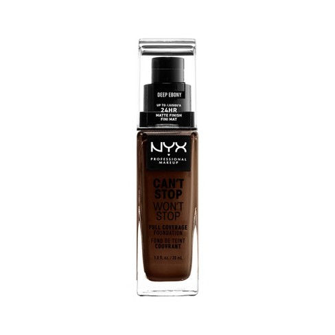 Thumbnail: NYX Can't Stop Won't Stop Full Coverage Foundation. Deep brown color bottle.
