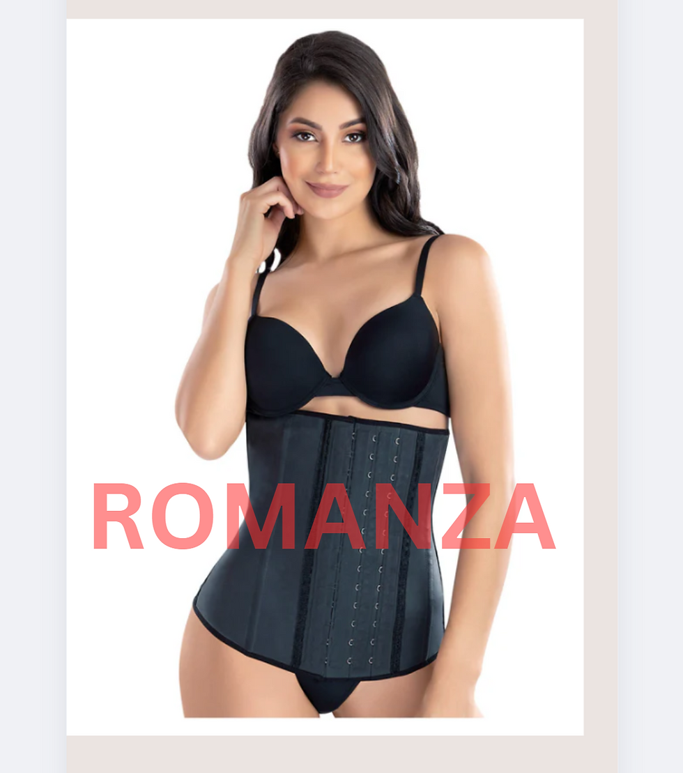 थंबनेल: Woman wearing a black shapewear, with text ROMANZA, posing for a photo.