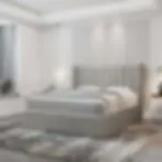 Oliver light gray upholstered mid-century platform storage bed in modern bedroom with lamps and rug, hydraulic lift-up bed fr