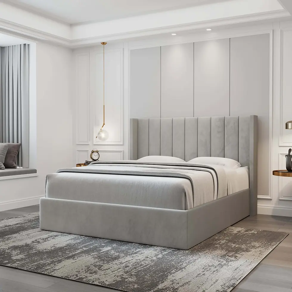 Oliver light gray upholstered mid-century platform storage bed in modern bedroom with lamps and rug, hydraulic lift-up bed fr