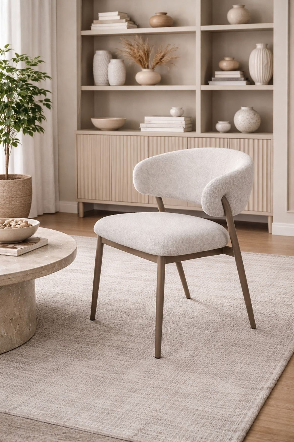 Thumbnail: Nancy cream boucle chairs with dark round dining table in modern dining room with stylish lighting.