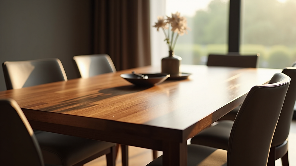 Close-up view of a luxury wooden dining table with elegant chairs