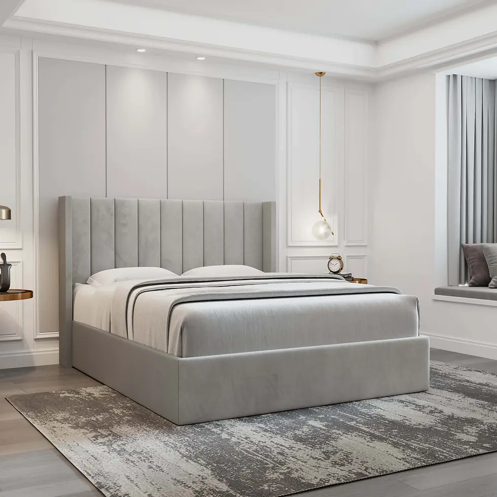 Tufted light gray upholstered headboard on Oliver storage bed frame, contemporary platform bed with mid-century design.